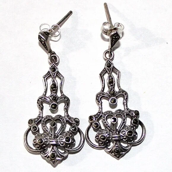 Sterling Silver Art Deco Chandelier Marcasite Earrings - Picture 1 of 5
